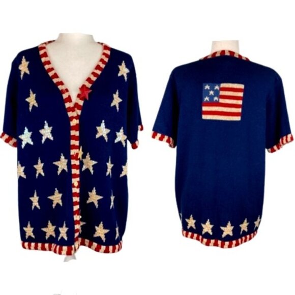 The Quacker Factory Button Down Knit Sweater American Flag Academia Size Large - Picture 1 of 16